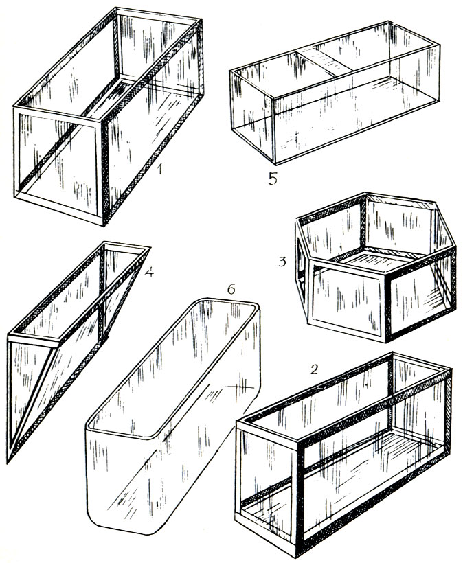 Рис. 1. Формы и типы аквариумов (1—4-каркасные стеклянные): 1 — стандартный декоративный выставочный ; 2 — декоративная ширма; 3 — аквариум-многогранник; 4 — настенный; 5 — оргстеклянный выростник-корыто; 6 — цельностеклянная емкость-кристаллизатор.