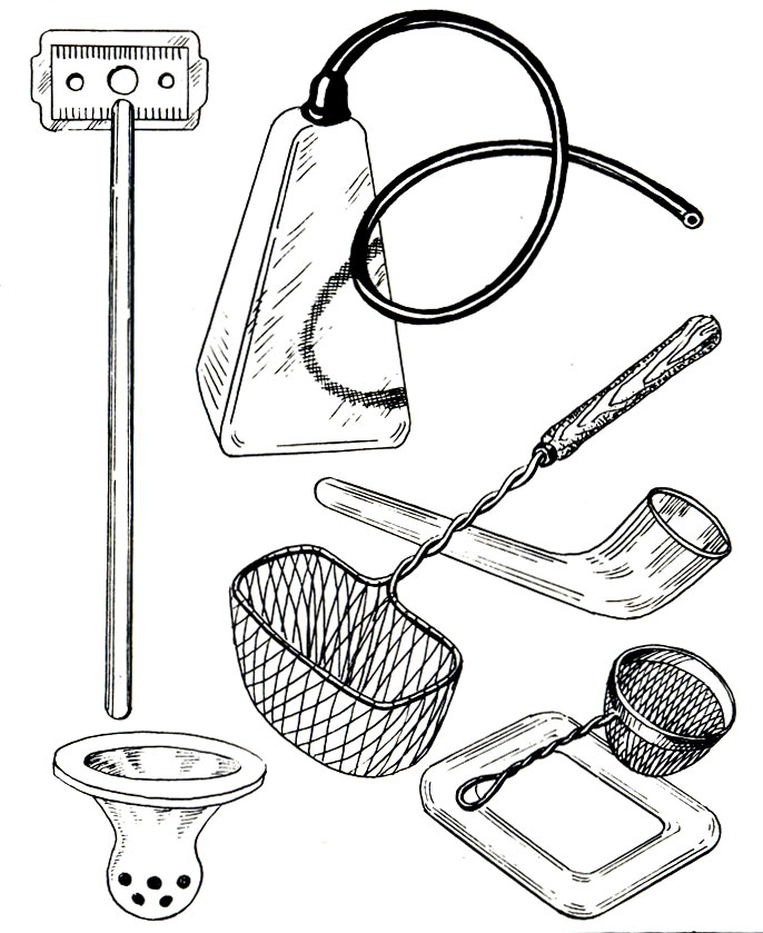 Рис. 10. Основной инвентарь аквариума. 1. Стеклоочиститель. 2. Грязечерпатель. 3. Ловчий колокол. 4. Сачок. 5. Ситечко. 6. Кольцевая кормушка. 7. Плавающая кормушка с ситечком.