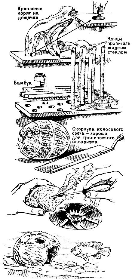 Коряги, бамбук, скорлупа орехов