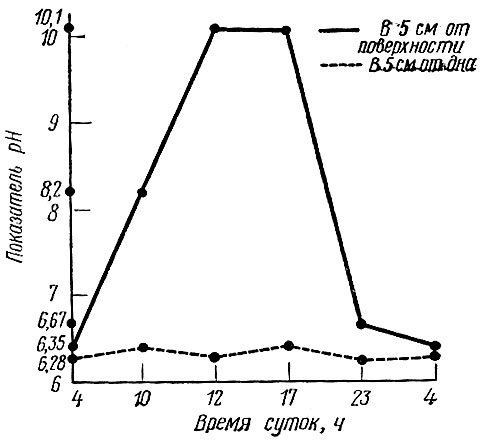 График изменения показателя рН в течение суток на разной глубине